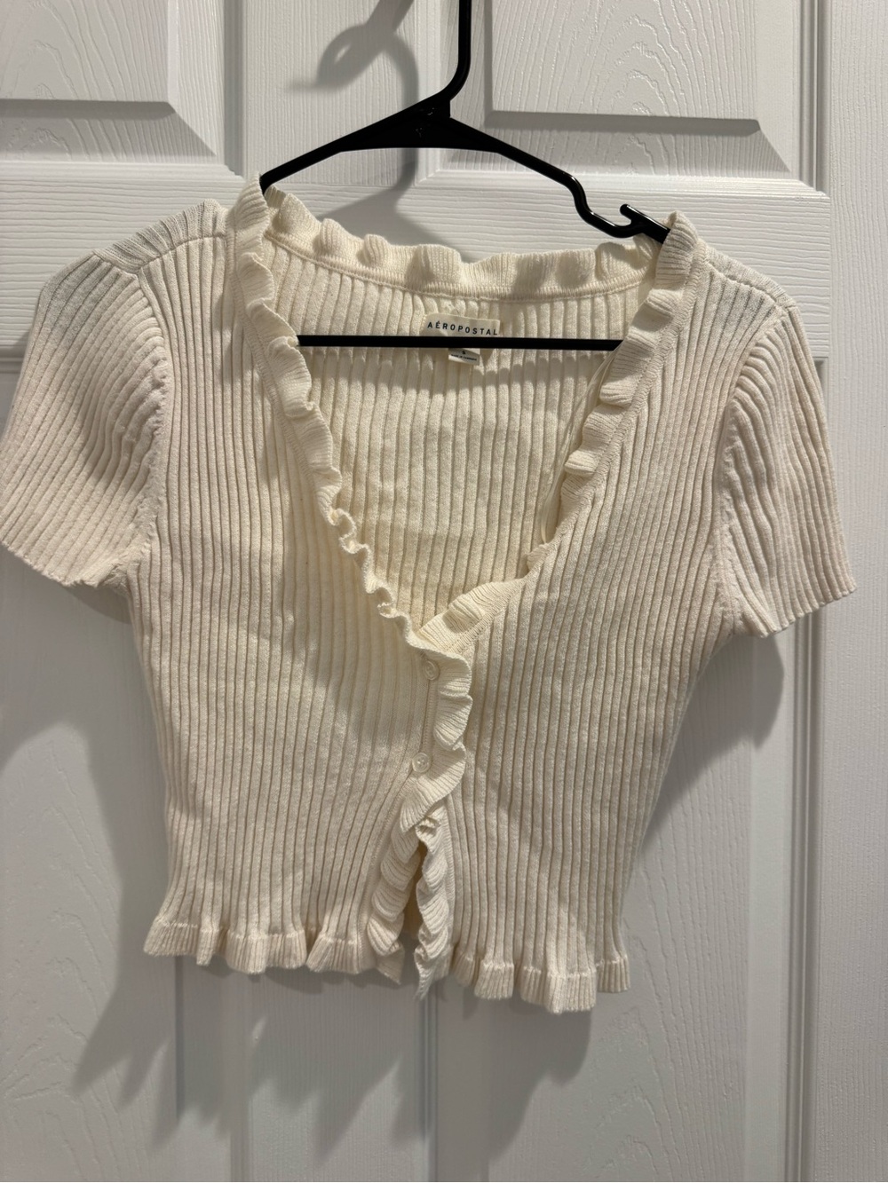 Aeropostale Cream Ribbed Ruffle-Trim Cropped Button Top